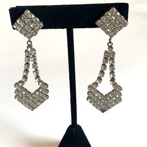 Vintage Clear Crystal Rhinestone Dangle Drop Earrings Clip Ons Runway New Years